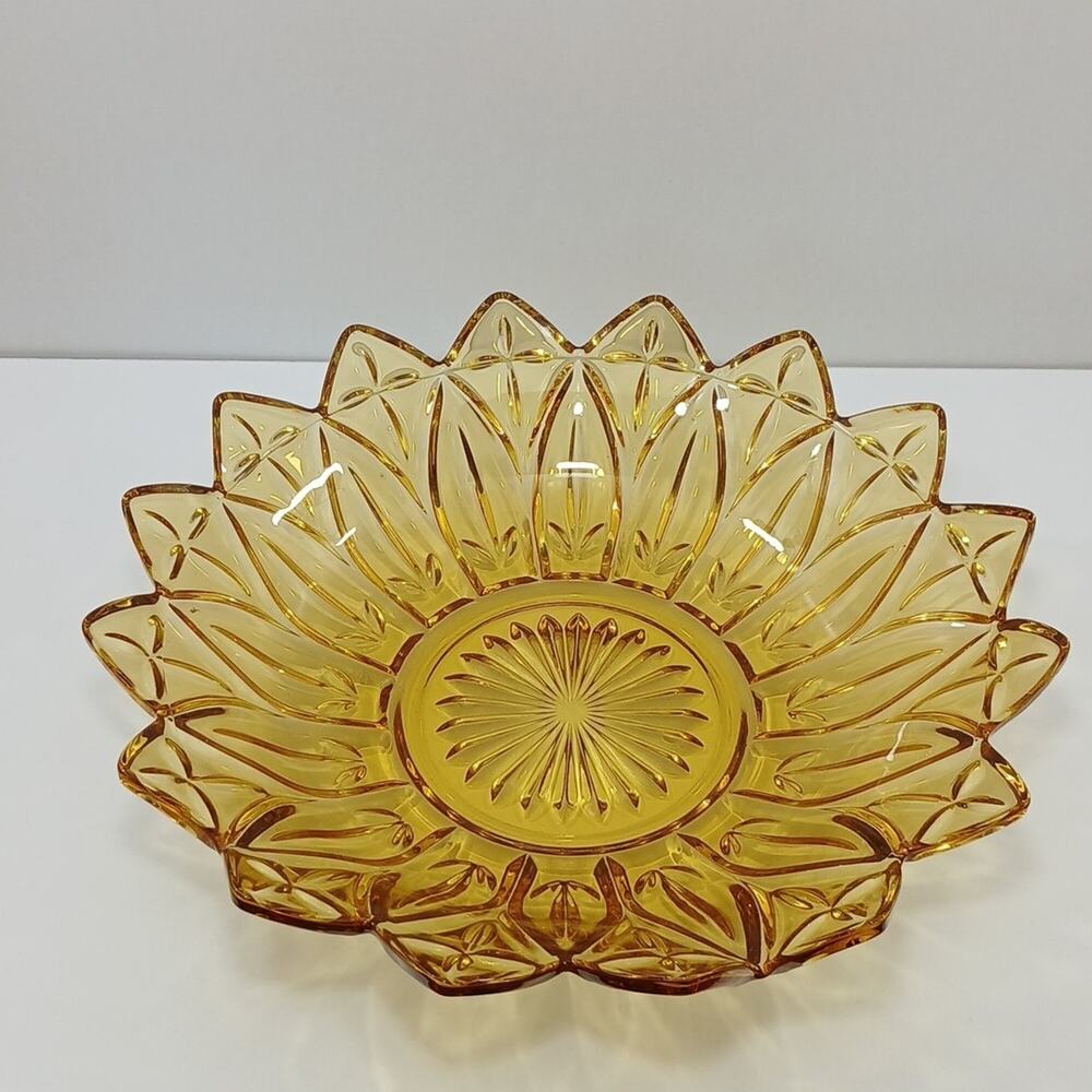 Vintage Federal Glass Flower Sunflower Petal Bowl Large Yellow Amber